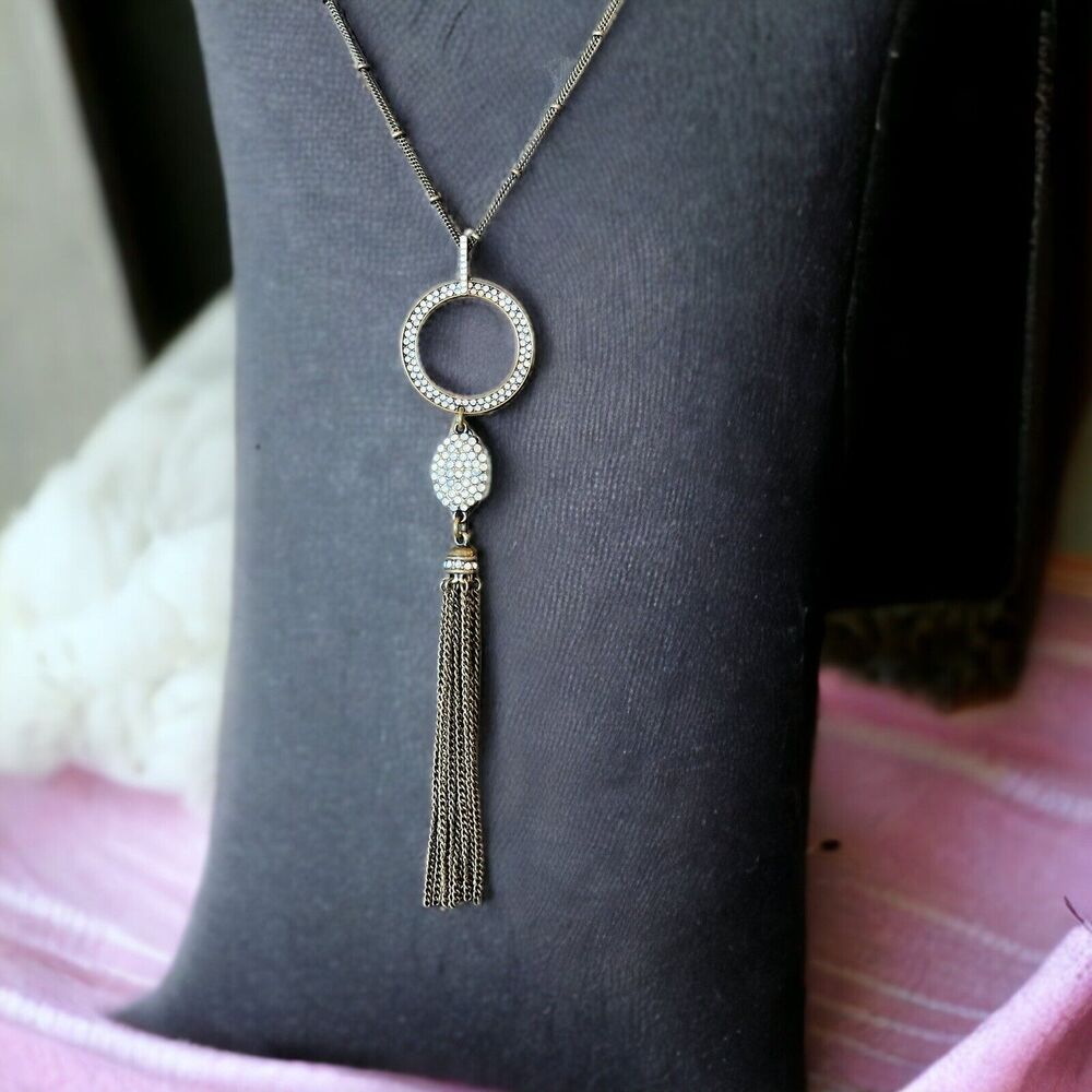 Sweet Lola Long Tassel Antiqued Bronze Tone Necklace Opal AB Color Rhinestones